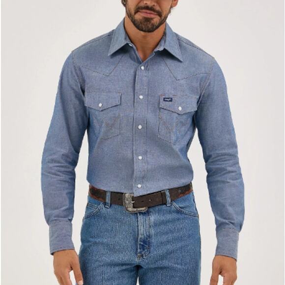 Wrangler Men's Medium Chambray Cowboy Cut Western Firm Finish Work Shirt Size XL - Picture 1 of 9